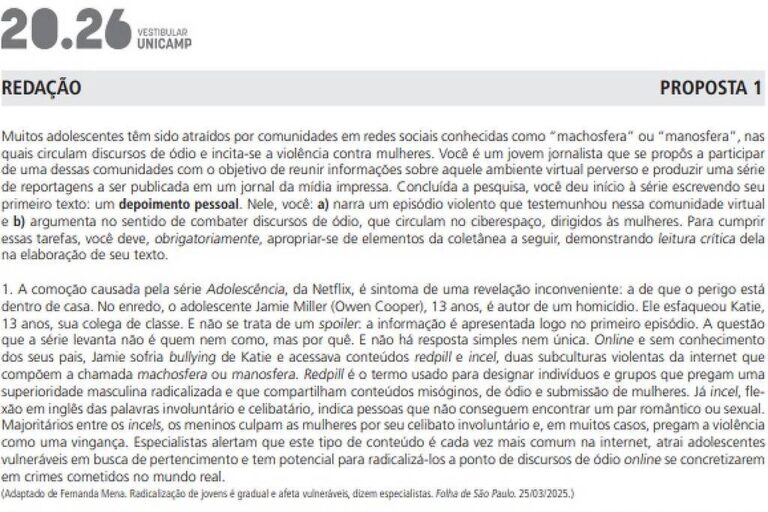 Prova da Unicamp utiliza reportagem da Folha como base para redação