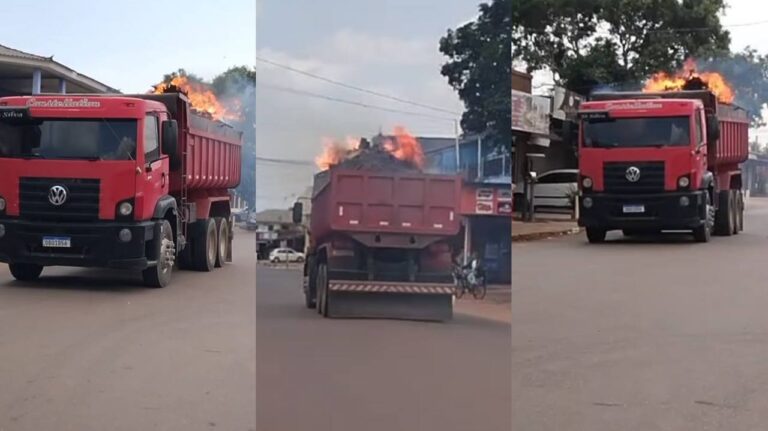 Caminhão em chamas é flagrado trafegando por Macapá