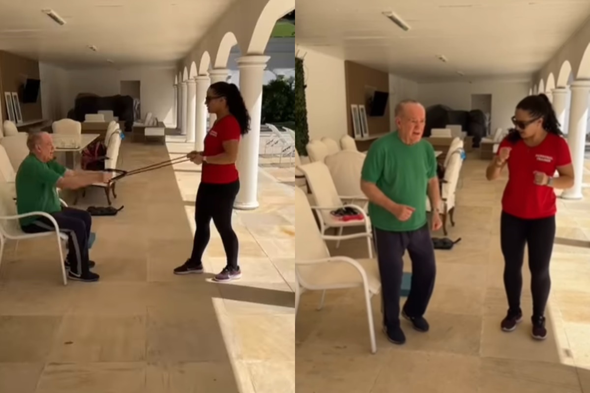 Renato Aragão aparece saudável e malhando em casa