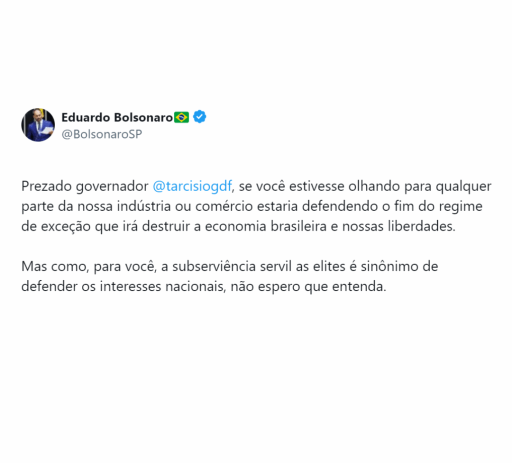Eduardo Bolsonaro critica Tarcísio