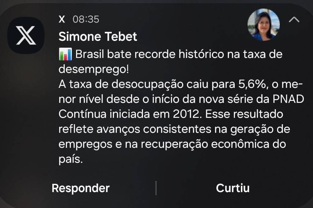 Tebet divulga taxa de desemprego antes do IBGE