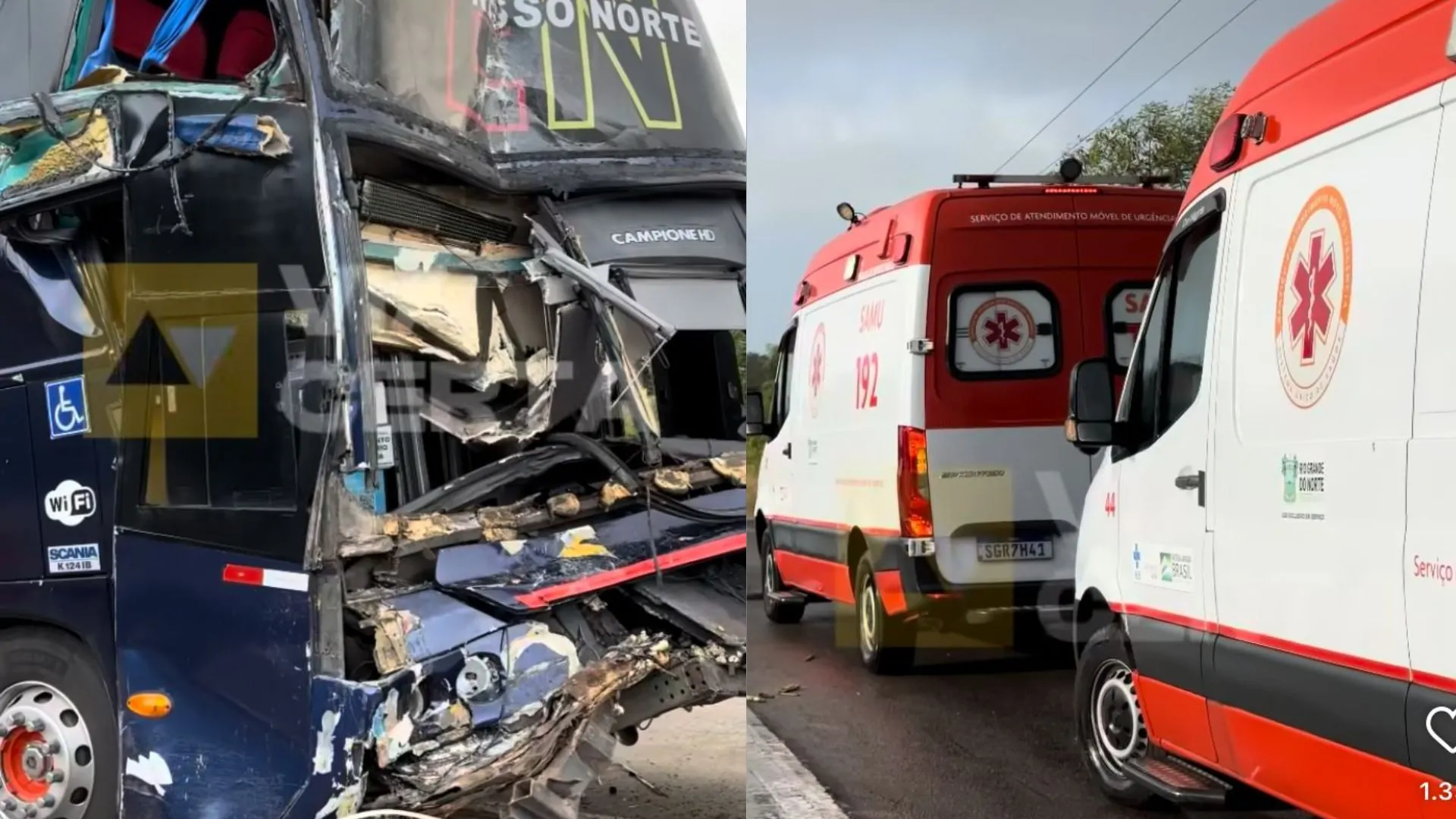 Colisão entre ônibus e caminhão de cana deixa nove feridos na BR-101, em Arês