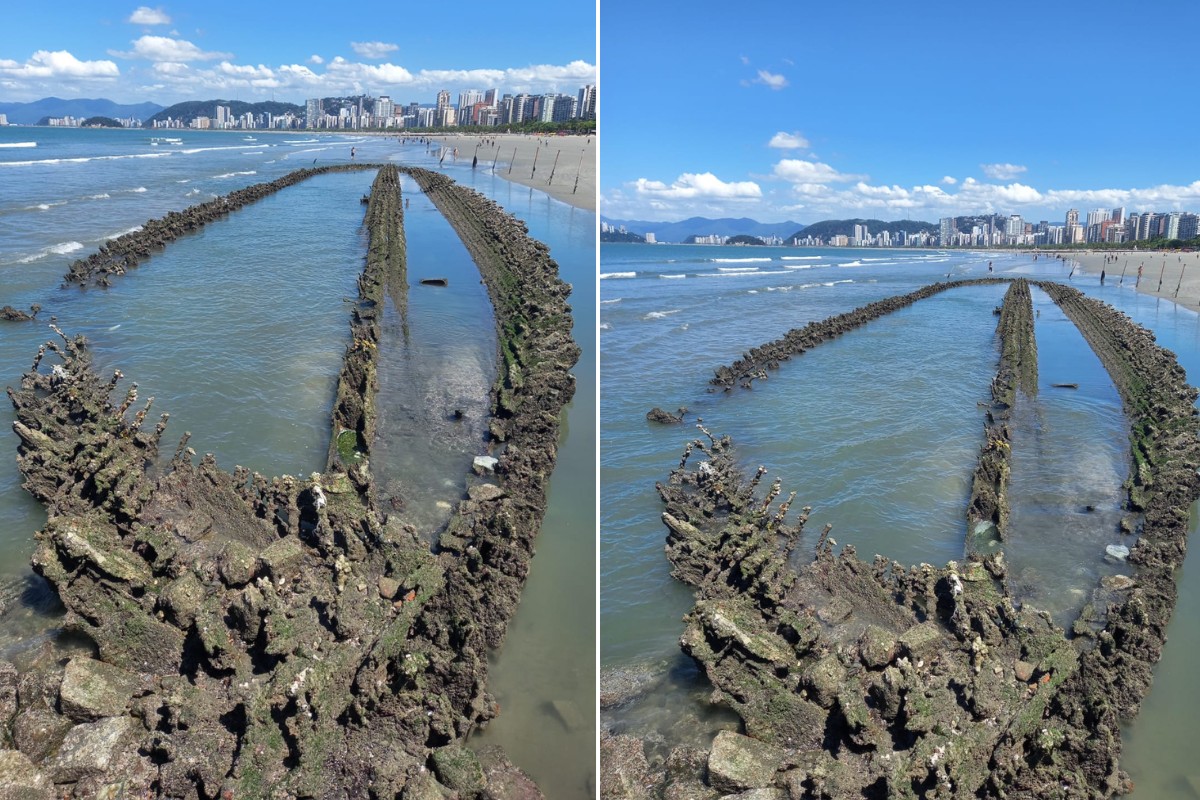 ‘Navio fantasma’ surpreende banhistas em Santos-SP