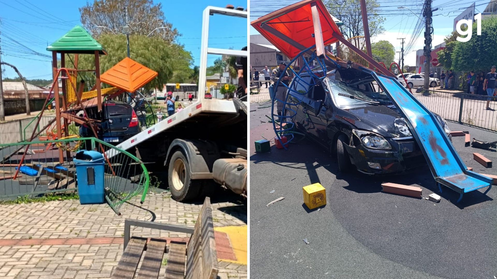Carro invade praça e destrói brinquedos em Passo Fundo