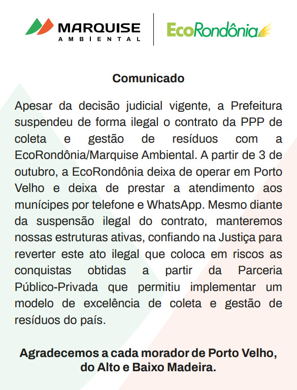EcoRondônia/Marquise Ambiental Emite Comunicado Oficial: Detalhes Revelados