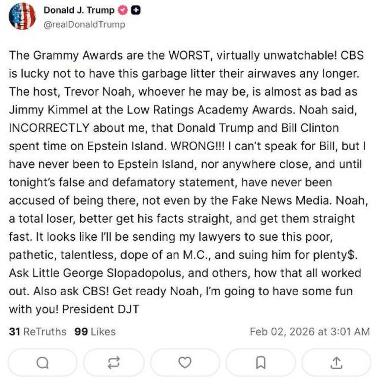 Donald Trump critica o Grammy e ameaça Trevor Noah após comentários sobre Epstein