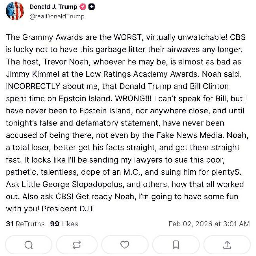 Donald Trump critica o Grammy e ameaça Trevor Noah após comentários sobre Epstein